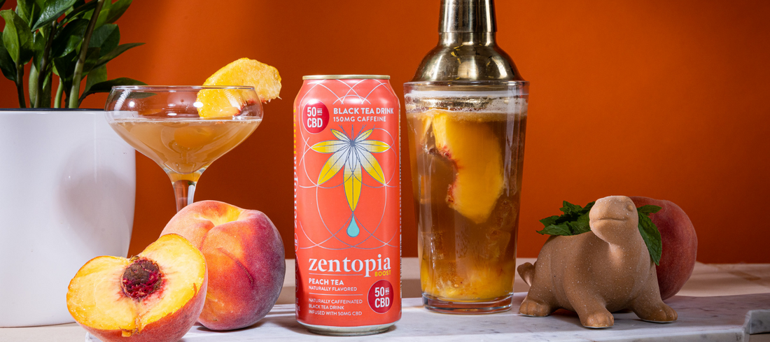 A can of Zentopia CBD Peach Tea and a Ginger Peach CBD Mocktail