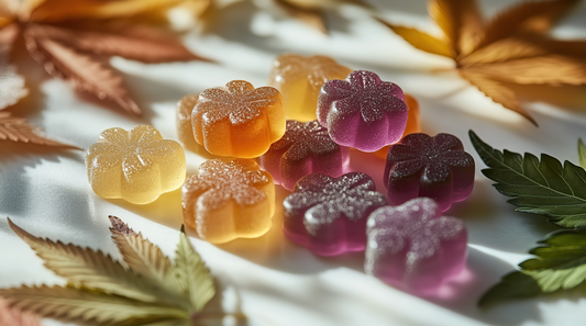 Colorful THC gummies and cannabis leaves on a white table