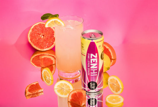 A can of ZenHi Pink Lemon Smash and a glass of Pink Lemon Mojito Mocktail