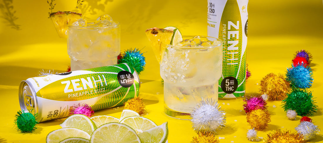 A glass of Pineapple Margaweeda and 2 cans ZenHi Pineapple Buzz THC Sparkling Beverage