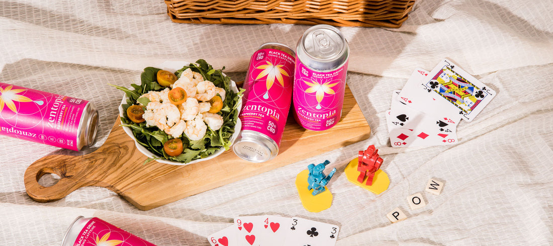 Zentopia's CBD drinks & a Shrimp Salad