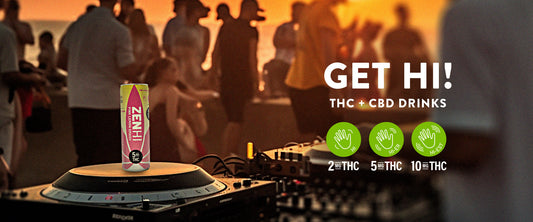 A ZenHi THC + CBD drink resting on a DJ table people in the background enjoying themselves