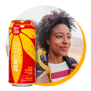 A can of Zentopia ZenBoost Peach Black Tea and a woman prepared for a hike