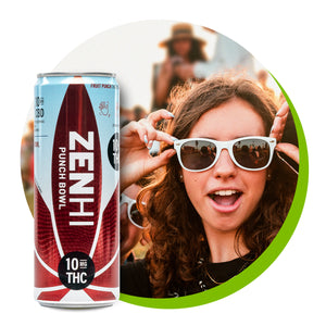 A can of ZenHi Punch Bowl THC + CBD drink with a woman in sunglasses in the background