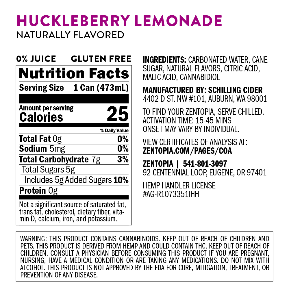 Nutrition facts label for huckleberry lemonade with ingredients and manufacturing details.