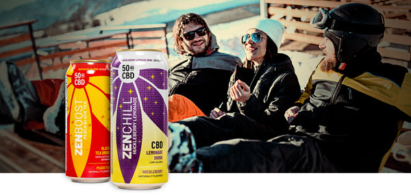 2 cans of Zentopia CBD drinks with snowboarders relaxing in lounge chairs in the background
