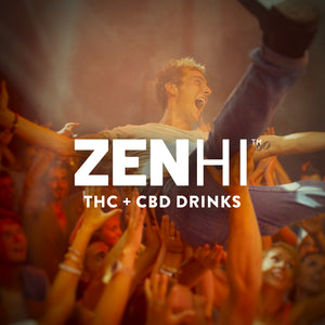 ZenHi THC + CBd Drinks with a man crowdsurfing in the background