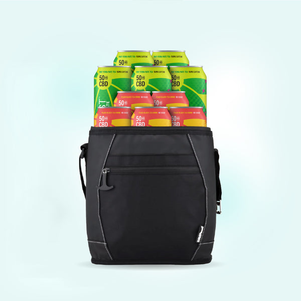 A mockup of a cooler bag filled with Zentopia beverages