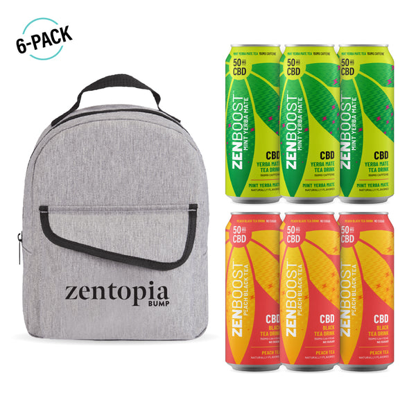 A mockup of Zentopia beverages next to a BUMP Backpack