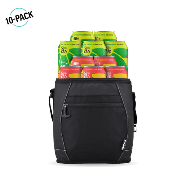 A mockup of a cooler bag filled with Zentopia beverages