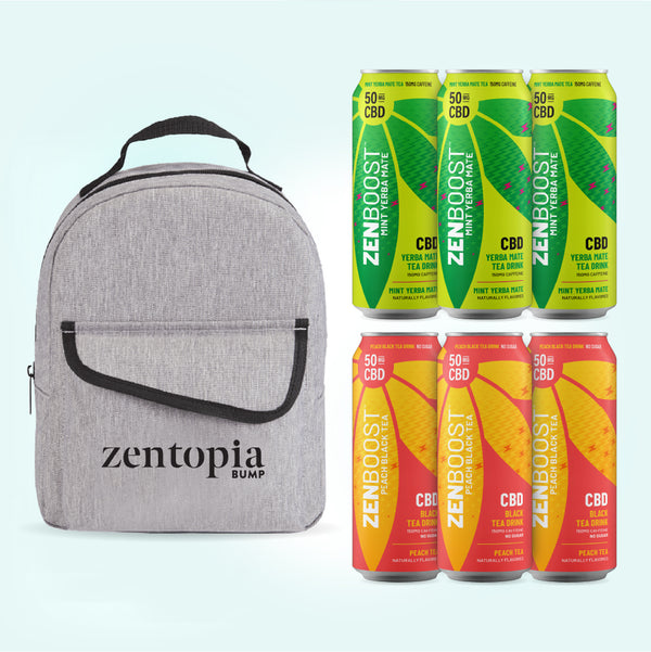 A mockup of Zentopia beverages next to a BUMP Backpack