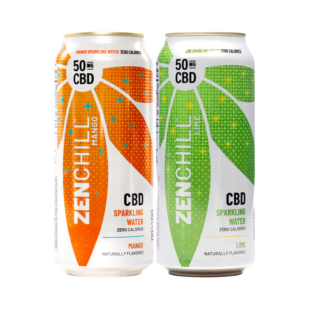 A can of Zentopia ZenChill Mango CBD Sparkling water and a can of Zentopia ZenChill Lime CBD Sparkling water