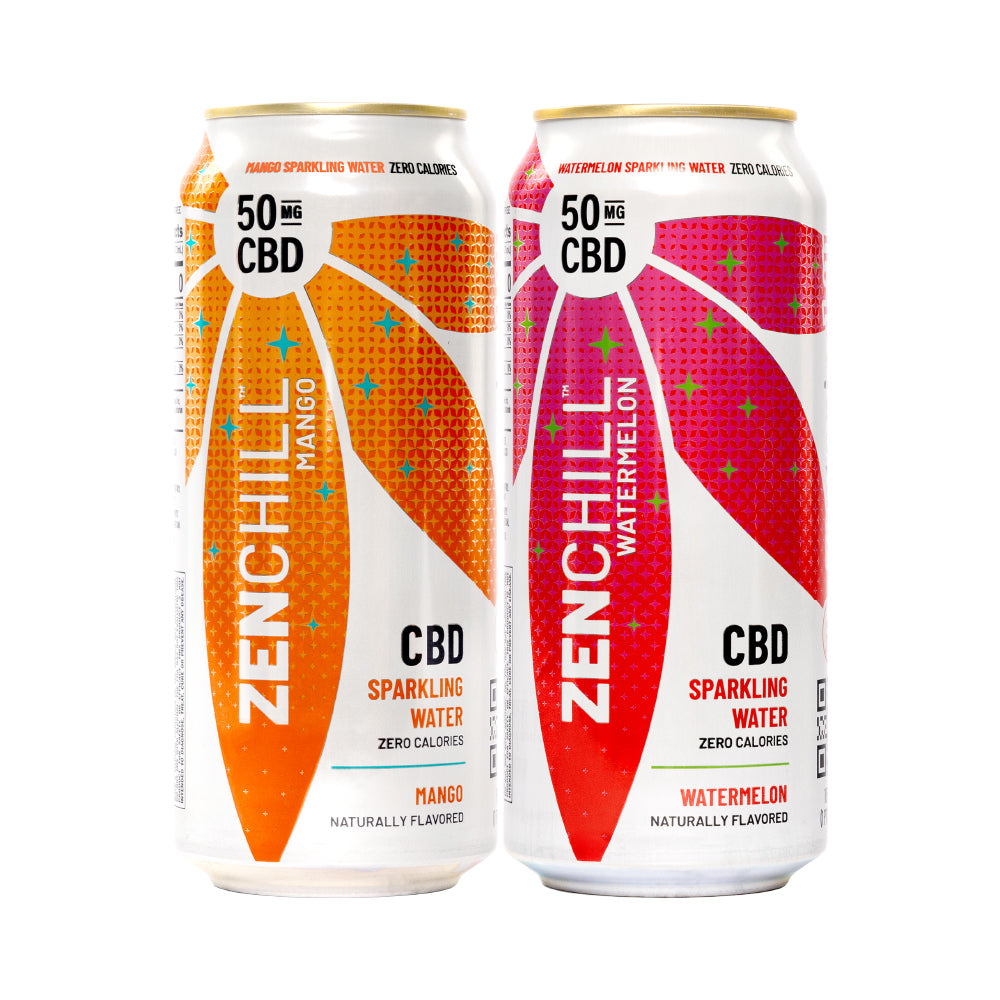 A can of Zentopia ZenChill Mango CBD Sparkling Water and a can of ZenChill Watermelon CBD Sparkling Water