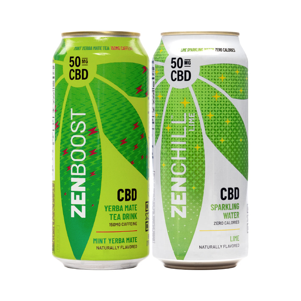 A can of Zentopia Mint Yerba Mate CBD Tea and a can of Zentopia Lime CBD Sparkling Water