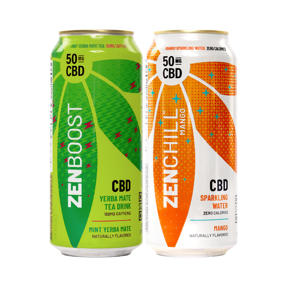 A can of Zentopia CBD Mint Yerba Mate and a can of ZenChill Mango CBD Sparkling Water