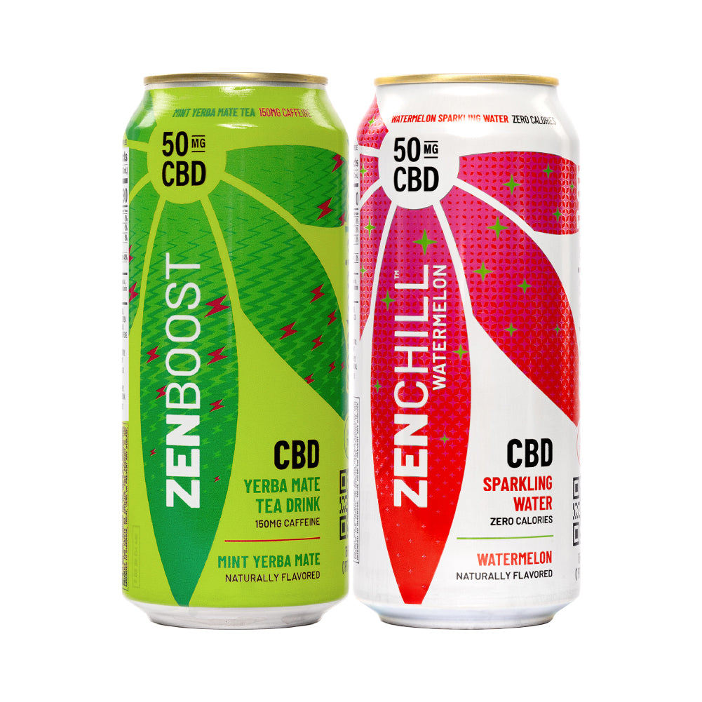 Zentopia Mint Yerba Mate CBD Tea and a can of Zentopia ZenChill Watermelon CBD Sparkling Water