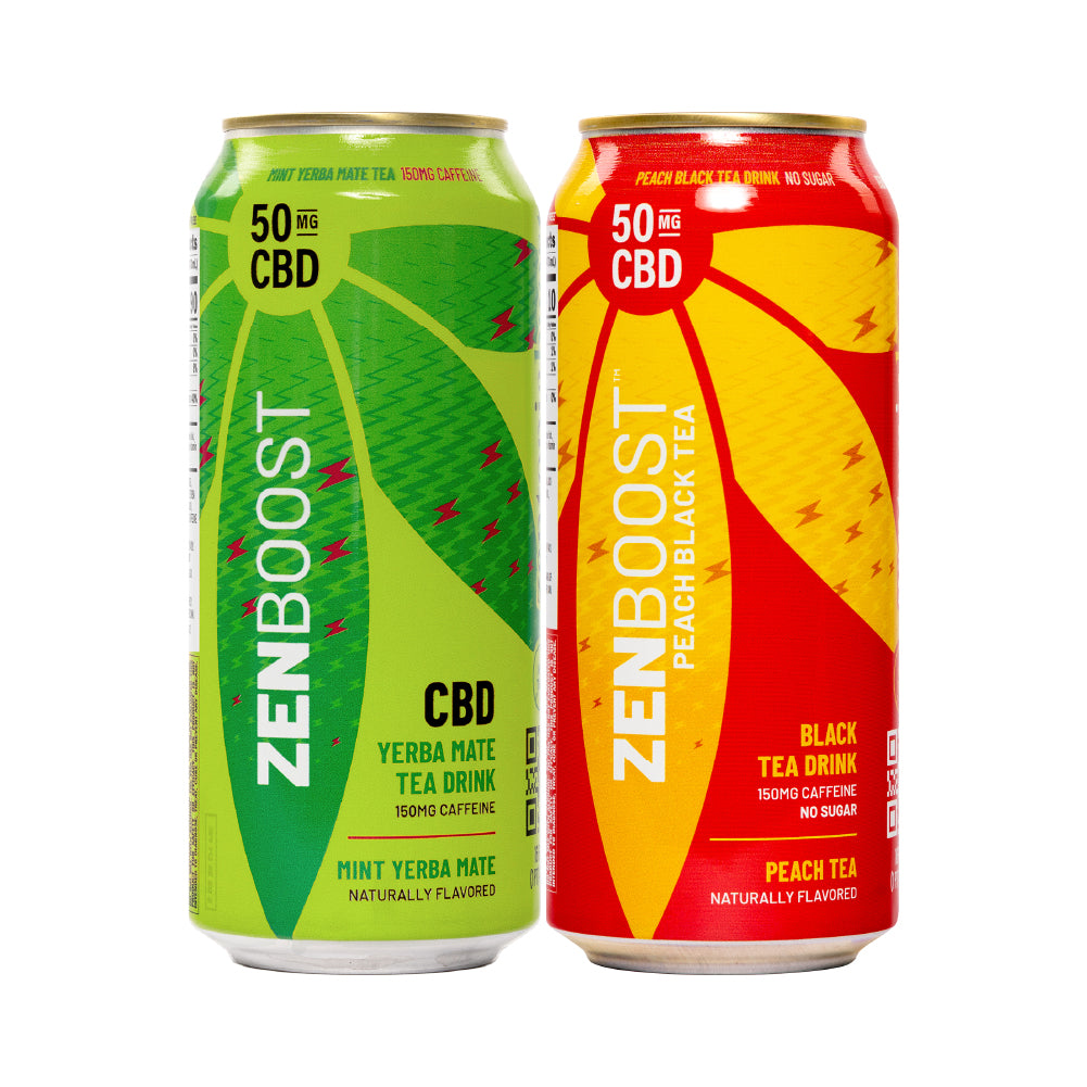 A can of Zentopia Mint Yerba Mate CBD Tea and a can of CBD Peach Black tea