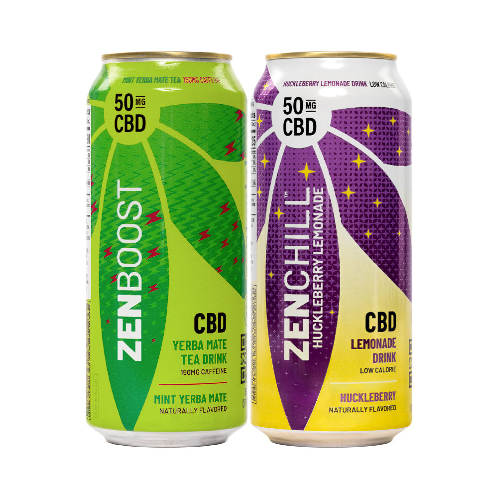 A can of Zentopia ZenBoost Mint Yerba Mate CBD Tea and a can of ZenChill CBD Huckleberry Lemonade