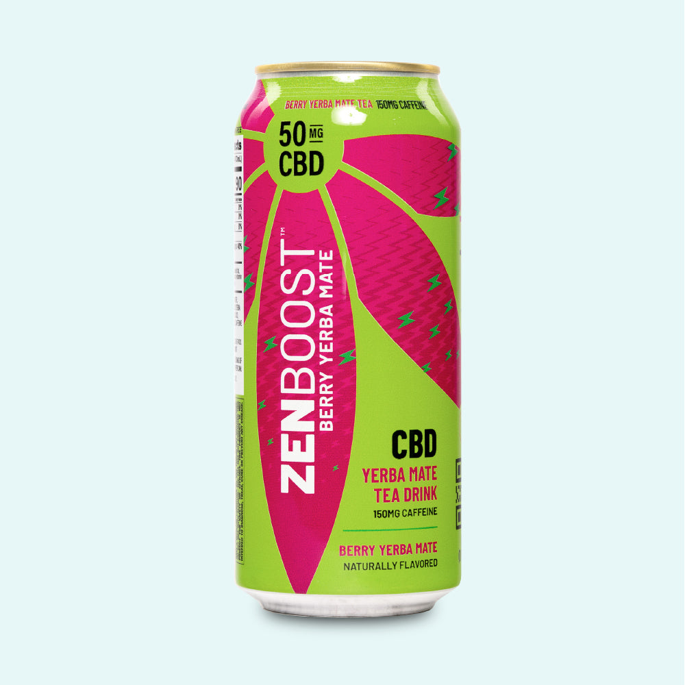 A can of Zentopia ZenBoost Yerba Mate CBD infused tea