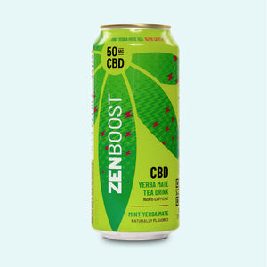 A can of Zentopia ZenBoost Yerba Mate CBD tea
