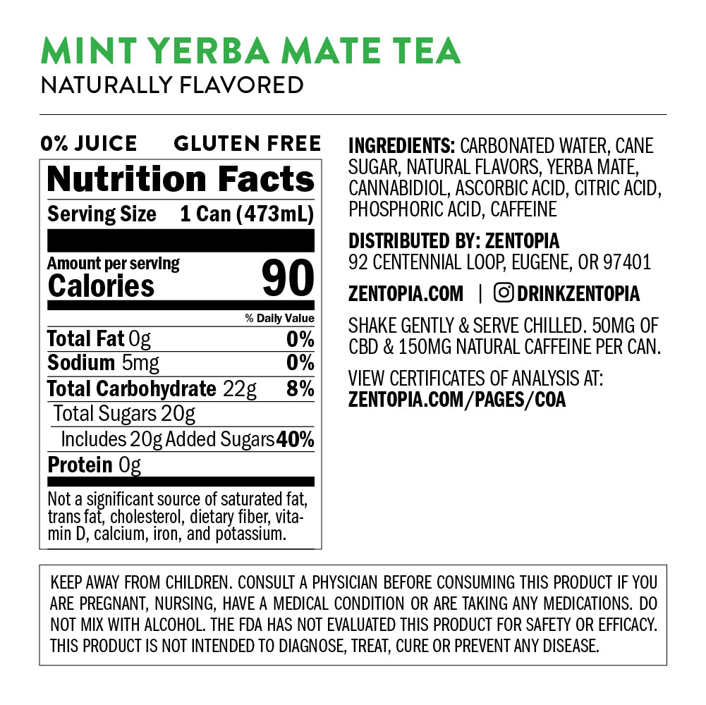 Zentopia ZenBoost Mint Yerba Mate CBD infused tea nutrition facts