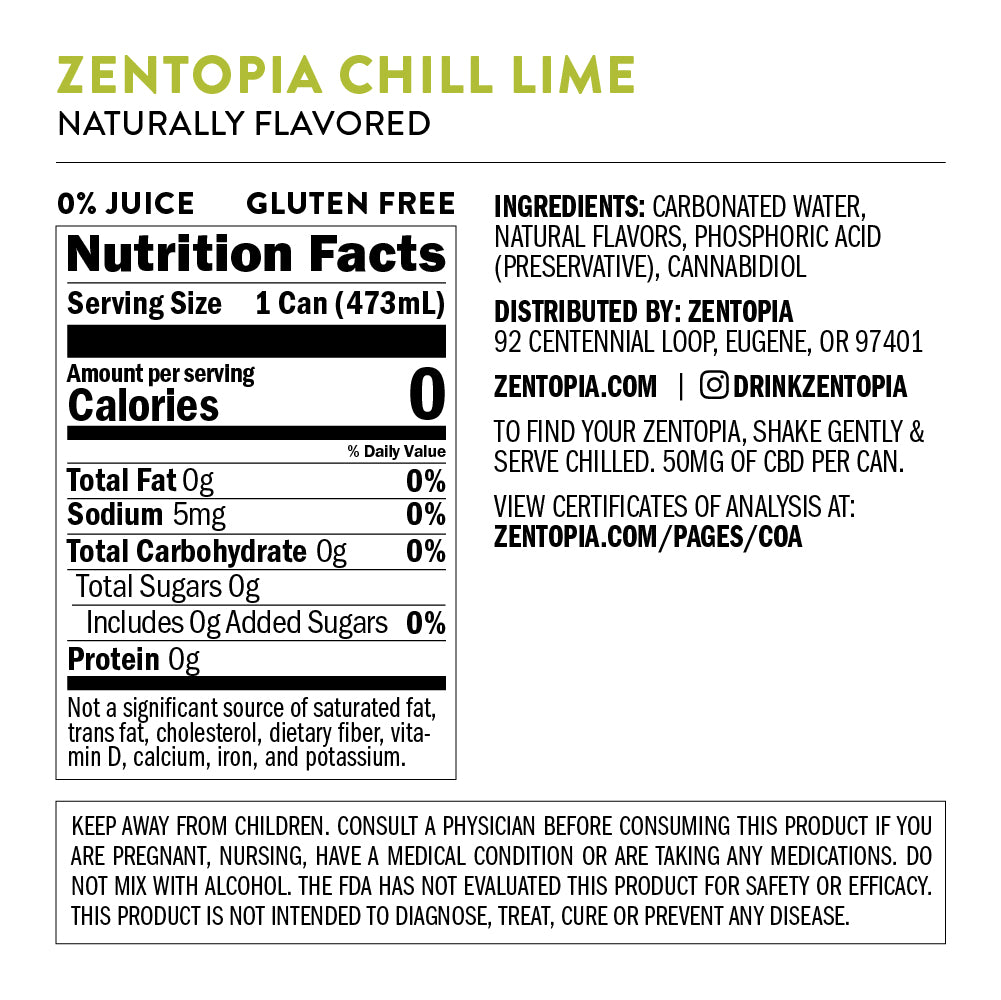 Zentopia ZenChill Lime CBD Sparkling Water nutrition facts