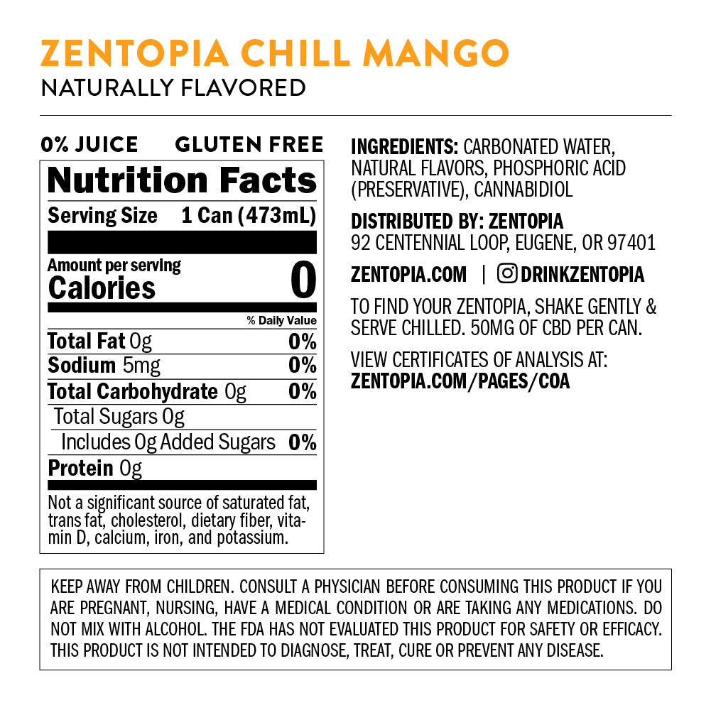 Zentopia ZenChill Mango CBD Sparkling Water nutrition facts