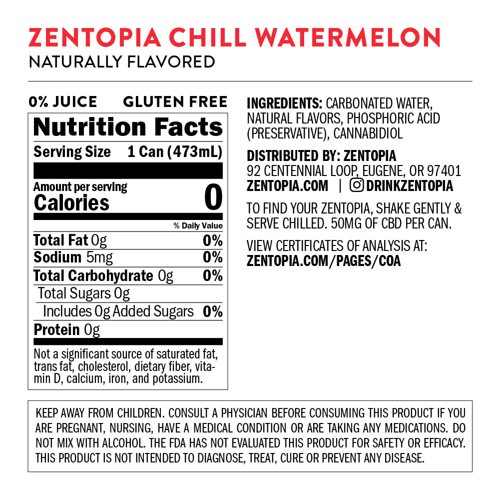 Zentopia ZenChill Watermelon CBD Sparkling Water nutrition facts