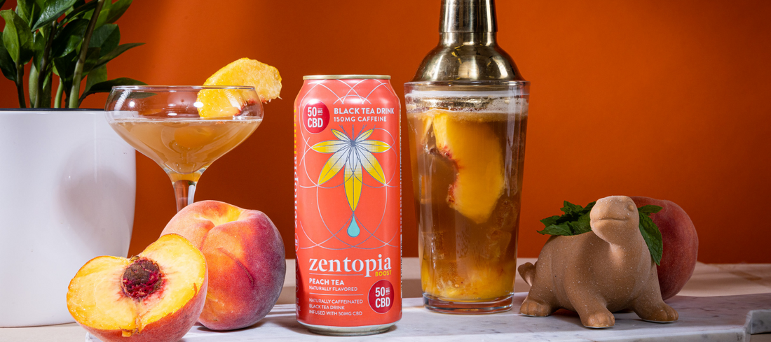 A can of Zentopia CBD Peach Tea and a Ginger Peach CBD Mocktail 