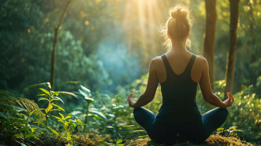 A woman meditating in a lush forest during sunrise