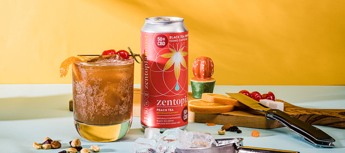 A can of Zentopia Peach CBD Tea and a Peach Tea Old-Fashioned Mocktail