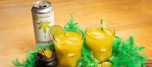 A can of Zentopia Lime CBD Chill Sparkling Water and two Shamrock CBD Sour Mocktails