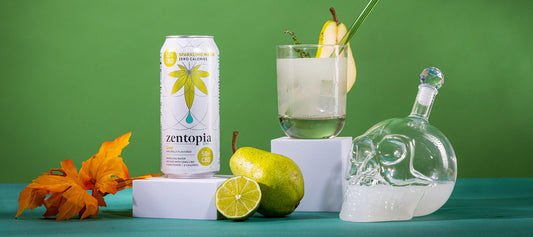 Zentopia Lime Chill next to the Pear Lime Mocktail, with hints of pear and lime sitting below.