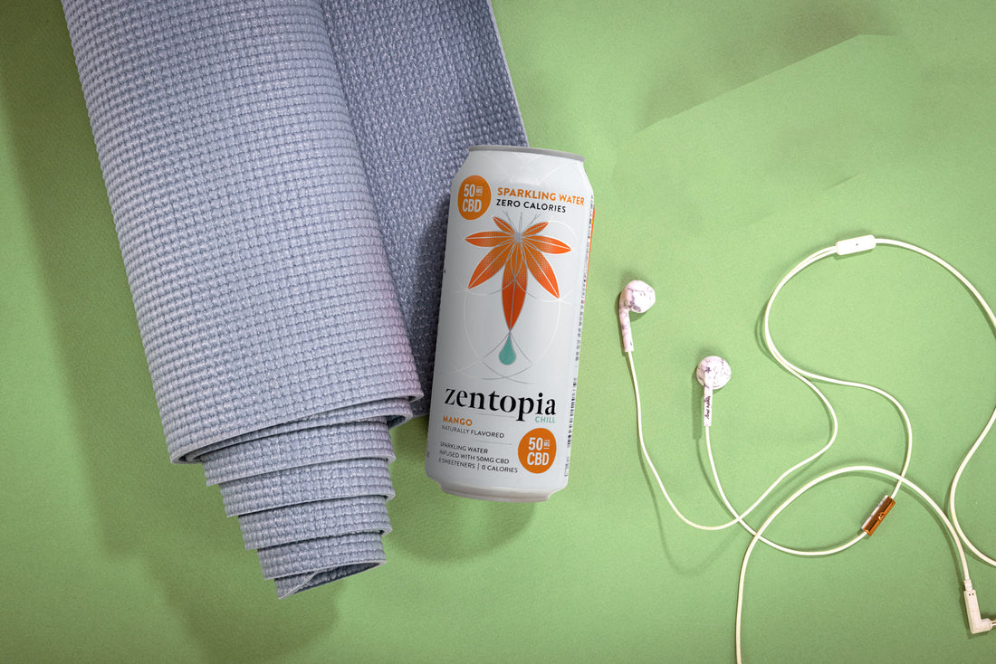 A can of Zentopia Mango Chill CBD Sparkling Water, a Yoga Mat, and Headphones