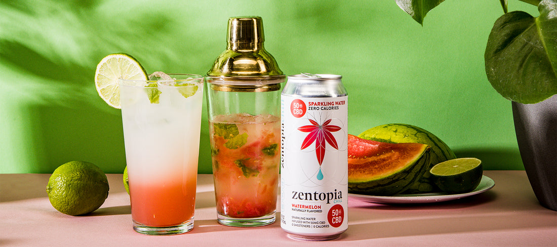 A can of Zentopia Watermelon CBD Chill Sparkling Water and a Watermelon CBD Smash Mocktail