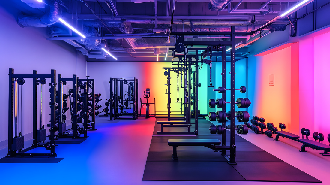 A stylish gym with weightlifting stations and vibrant lighting