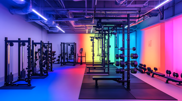 A stylish gym with weightlifting stations and vibrant lighting