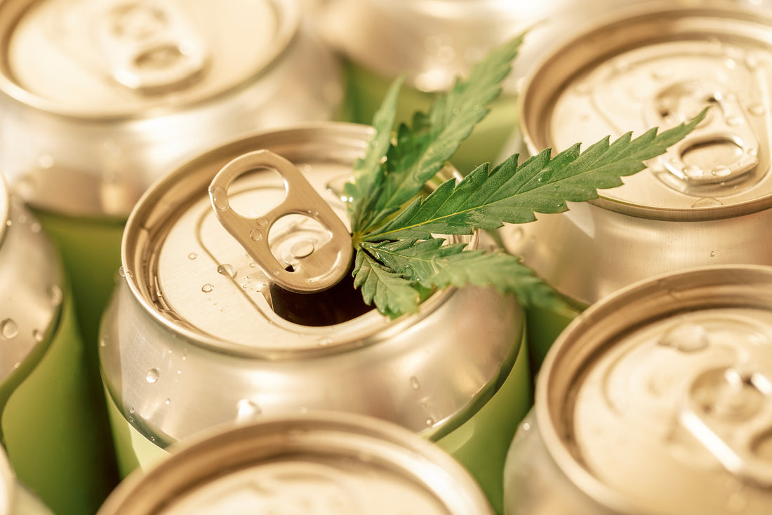 Cans of CBD Drinks with a hemp leaf 