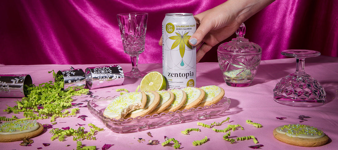 A can of Zentopia CBD Chill Lime Sparkling Water and Lime Glazed Vegan Sugar Cookies