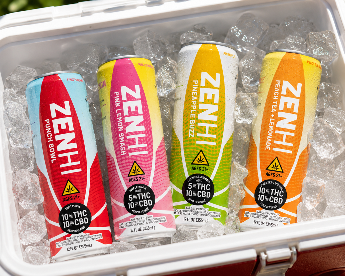 Zentopia's ZenHi THC + CBD Drinks in a cooler full of ice