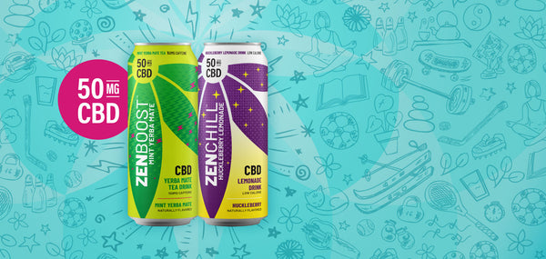 Zentopia Home Page Banner | Mint Yerba Mate Boost CBD Caffeinated Tea & Zen Chill CBD Huckleberry Lemonade Product Photos