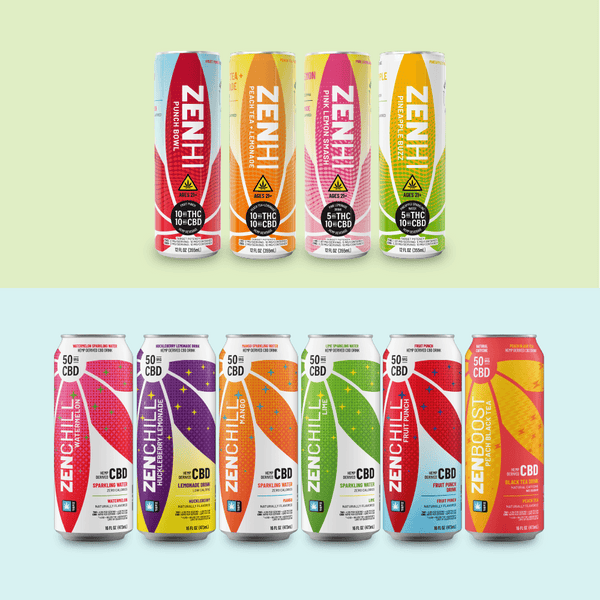 Collection of ZenHi THC drink cans and Zenchill CBD drink cans on a gradient background