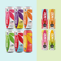 Multiple cans of ZenHi THC drinks and Zenchill CBD drinks on a light blue and green gradient background