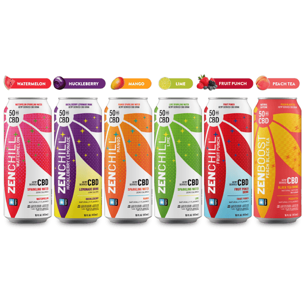 Zenchill CBD drinks in various flavors on a gray background
