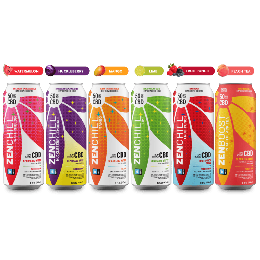 Zenchill CBD drinks in various flavors on a gray background