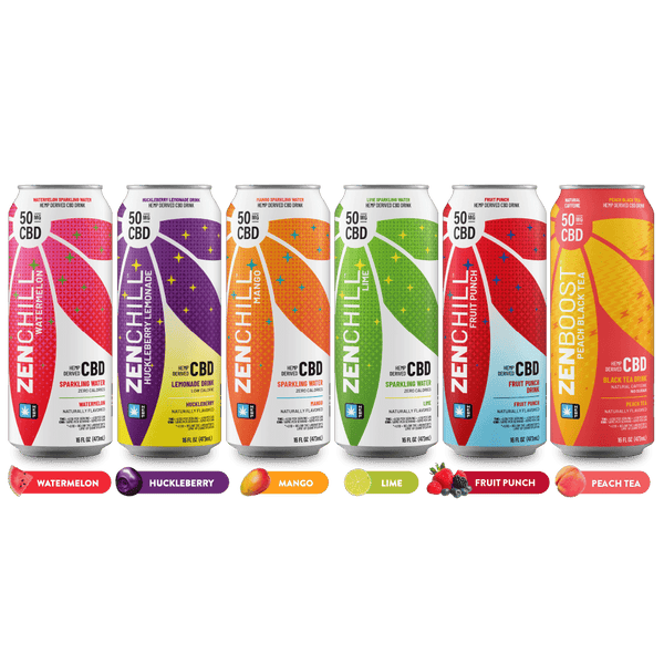 Row of Zenchill CBD drinks in various flavors on a gray background
