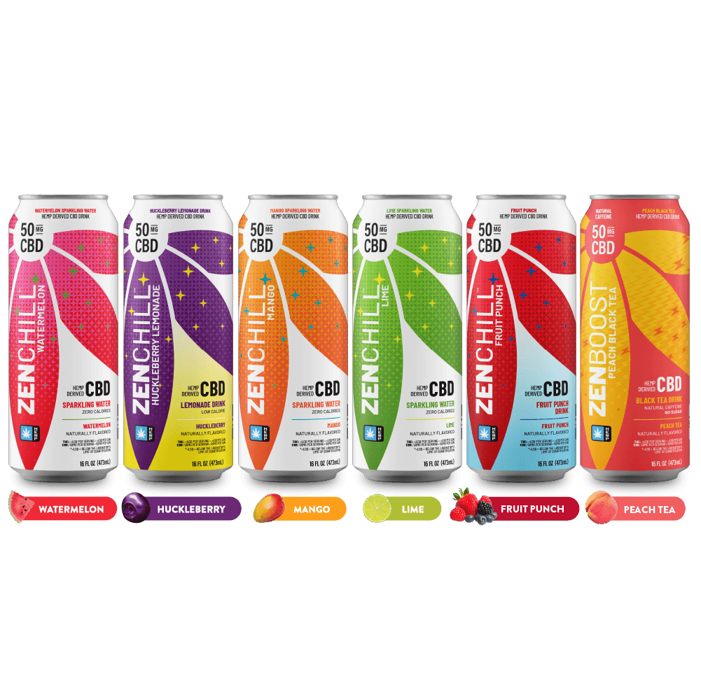 Row of Zenchill CBD drinks in various flavors on a gray background