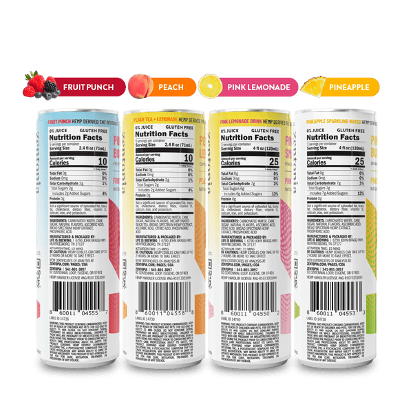 Four cans of Zentopia's ZenHi THC drinks with nutrition labels on a dark gray background