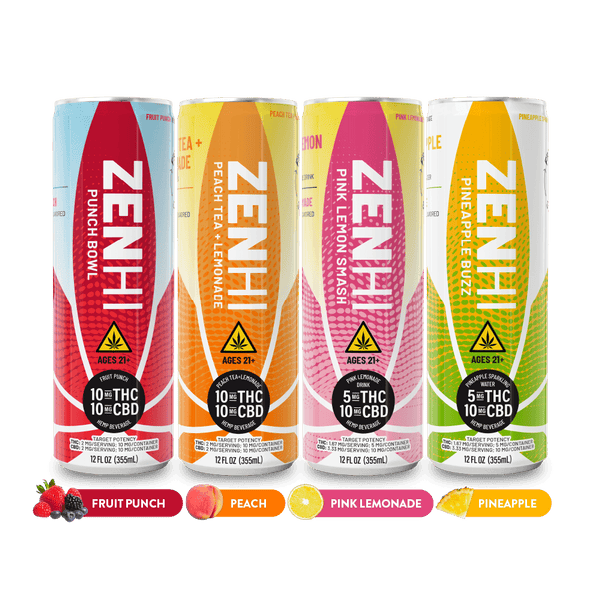 Four cans of Zenhi drinks with different flavors on a dark gray background