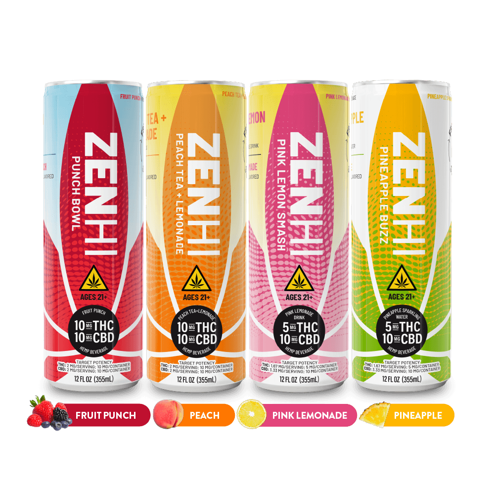 Four cans of Zenhi drinks with different flavors on a dark gray background